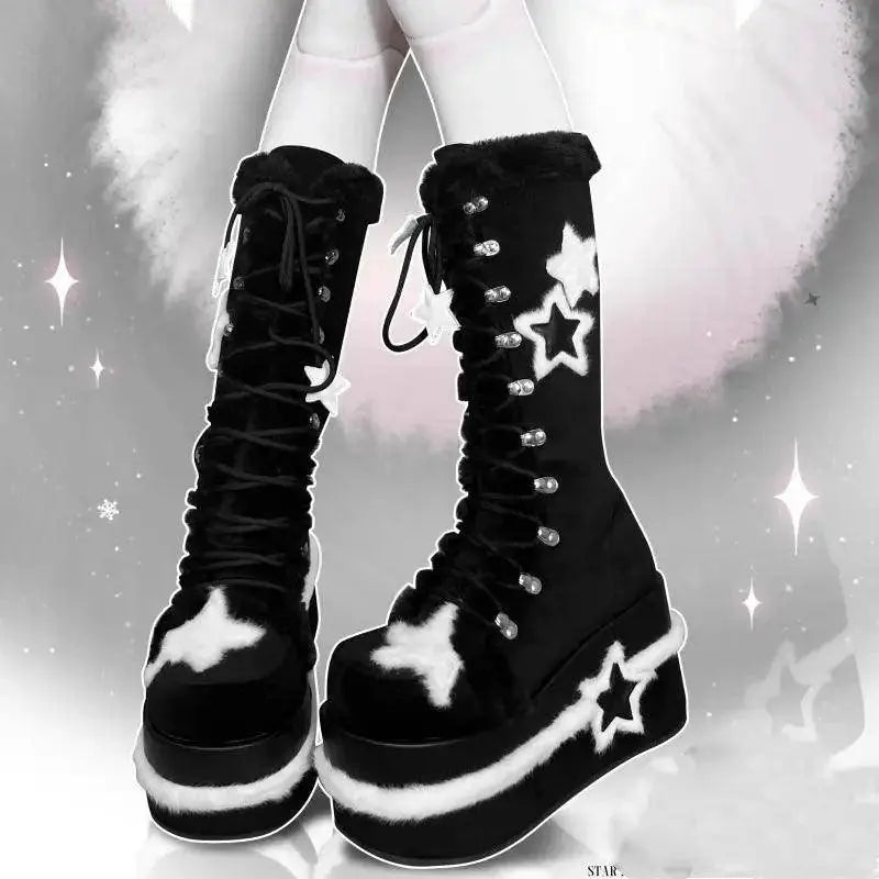 Star Suede Leather Thick Sole Platform Chunky Heels Women Boots Round Toe Patchwork Zipper Popular Y2K Punk Retro Female Shoes - Tophatter Daily Deals