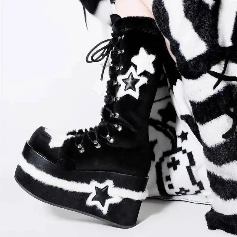 Star Suede Leather Thick Sole Platform Chunky Heels Women Boots Round Toe Patchwork Zipper Popular Y2K Punk Retro Female Shoes - Tophatter Daily Deals