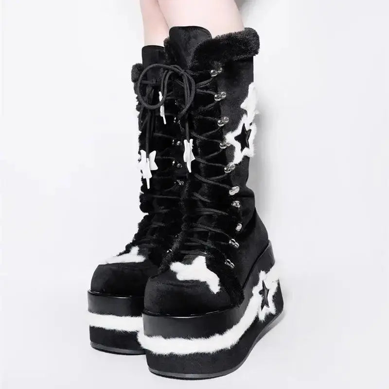 Star Suede Leather Thick Sole Platform Chunky Heels Women Boots Round Toe Patchwork Zipper Popular Y2K Punk Retro Female Shoes - Tophatter Daily Deals
