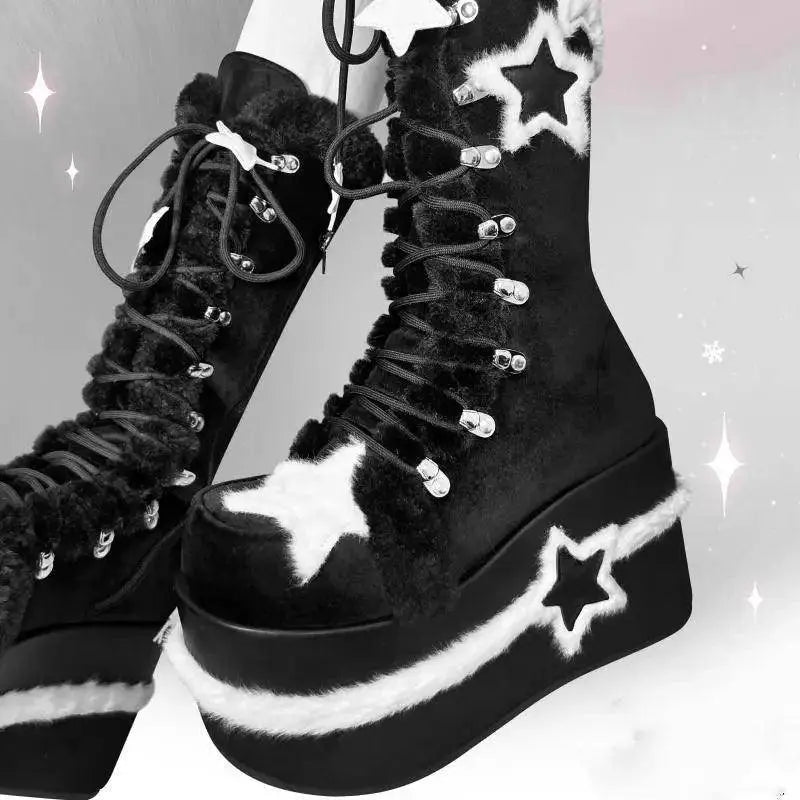 Star Suede Leather Thick Sole Platform Chunky Heels Women Boots Round Toe Patchwork Zipper Popular Y2K Punk Retro Female Shoes - Tophatter Daily Deals