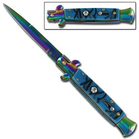9" Italian Milano Stiletto Blue Titanium Rainbow Classic Automatic Knife Knife-Auto - Tophatter Daily Deals