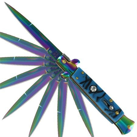 9" Italian Milano Stiletto Blue Titanium Rainbow Classic Automatic Knife Knife-Auto - Tophatter Daily Deals