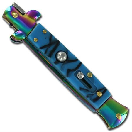 9" Italian Milano Stiletto Blue Titanium Rainbow Classic Automatic Knife Knife-Auto - Tophatter Daily Deals