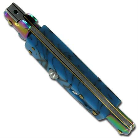 9" Italian Milano Stiletto Blue Titanium Rainbow Classic Automatic Knife Knife-Auto - Tophatter Daily Deals