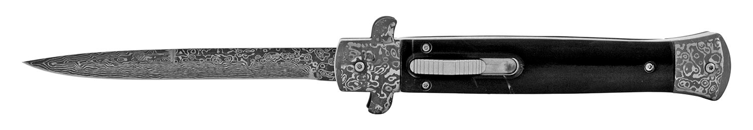 Stiletto OTF Automatic Knife Classic Italian Switchblade - 9 or 11 Inch Black Marble - Etched Damascus 11