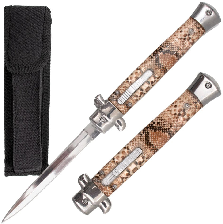 Stiletto OTF Automatic Knife Classic Italian Switchblade - 9 or 11 Inch Brown Snakeskin Pattern - Silver 11