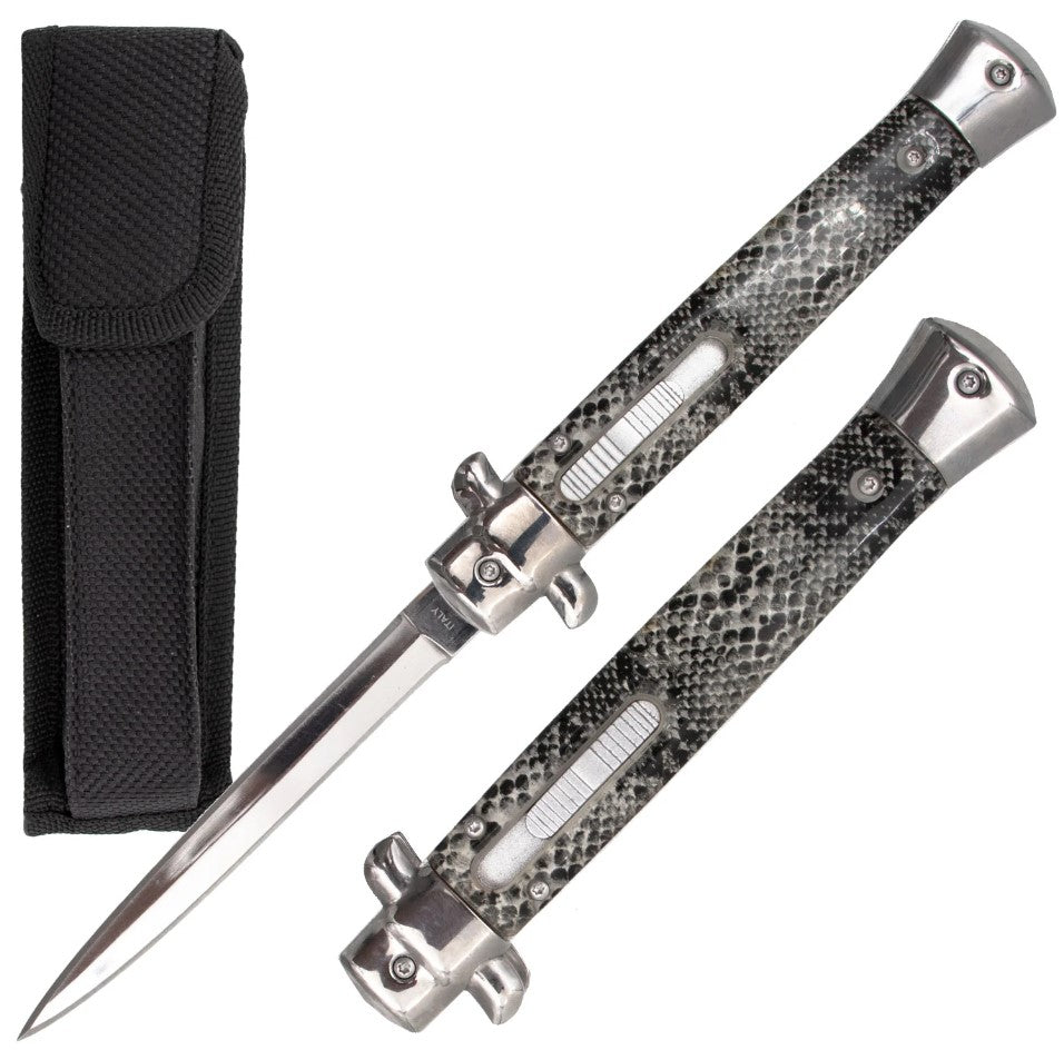 Stiletto OTF Automatic Knife Classic Italian Switchblade - 9 or 11 Inch Grey Snakeskin Pattern - Silver 11