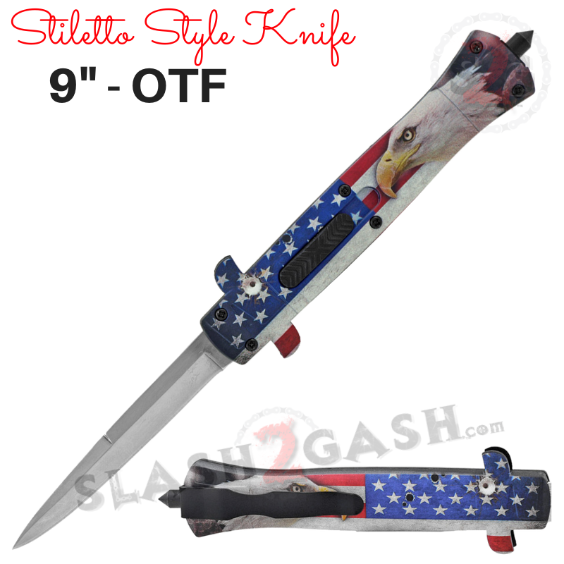 Stiletto OTF Knife 9 Inch Auto Switchblade ABS Body - Assort. Styles Eagle 1 - Flag Knife-OTF - Tophatter Daily Deals