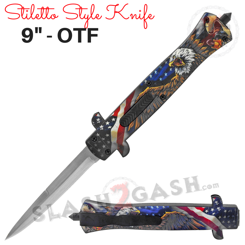 Stiletto OTF Knife 9 Inch Auto Switchblade ABS Body - Assort. Styles Eagle 2 - Flag Knife-OTF - Tophatter Daily Deals