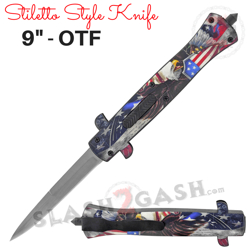 Stiletto OTF Knife 9 Inch Auto Switchblade ABS Body - Assort. Styles Eagle - Shield Knife-OTF - Tophatter Daily Deals
