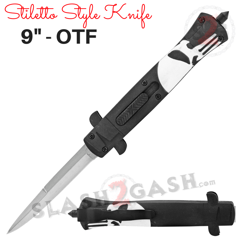 Stiletto OTF Knife 9 Inch Auto Switchblade ABS Body - Assort. Styles Punisher - White Knife-OTF - Tophatter Daily Deals