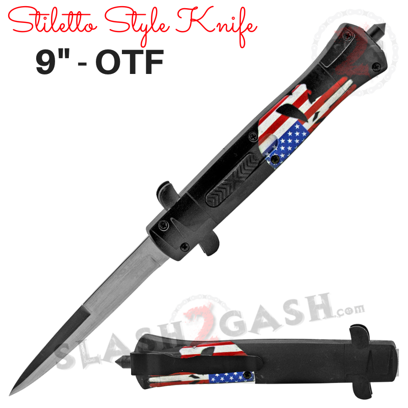 Stiletto OTF Knife 9 Inch Auto Switchblade ABS Body - Assort. Styles Punisher - Flag Knife-OTF - Tophatter Daily Deals