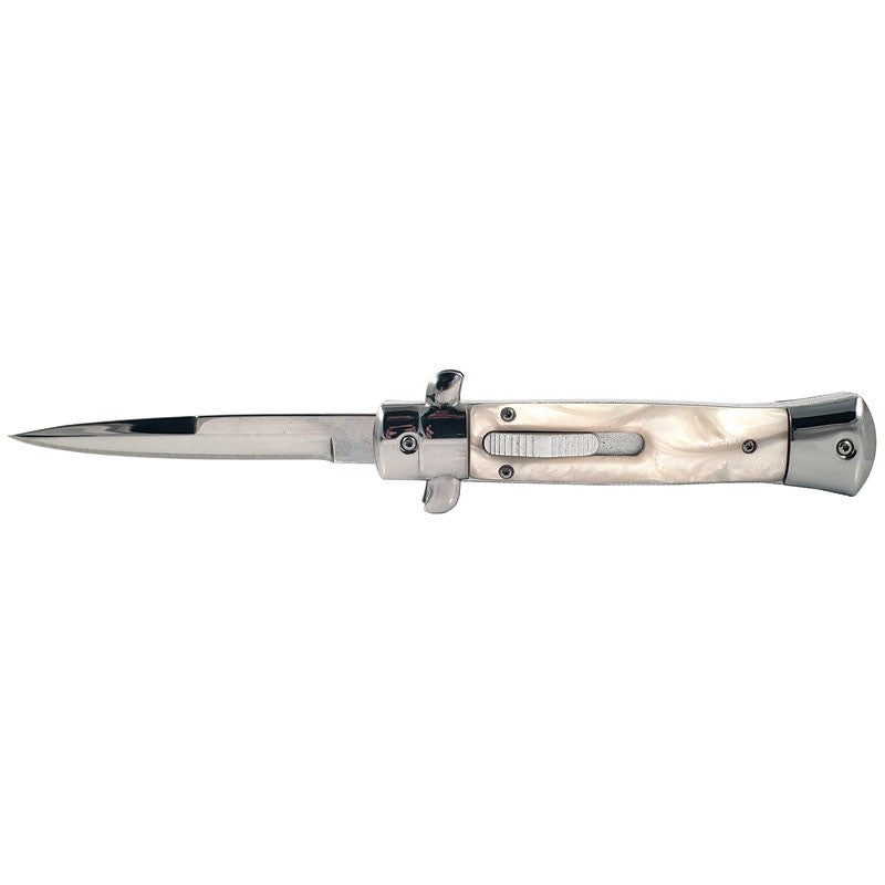 Stiletto OTF Automatic Knife Classic Italian Switchblade - 9 or 11 Inch White Marble - Silver 9