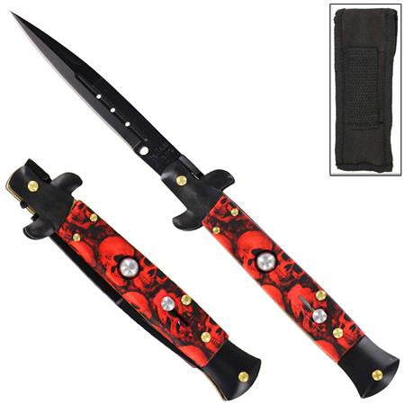 9" Red Skull Mafia Italian Milano Stiletto Classic Automatic Knife Knife-Auto - Tophatter Daily Deals