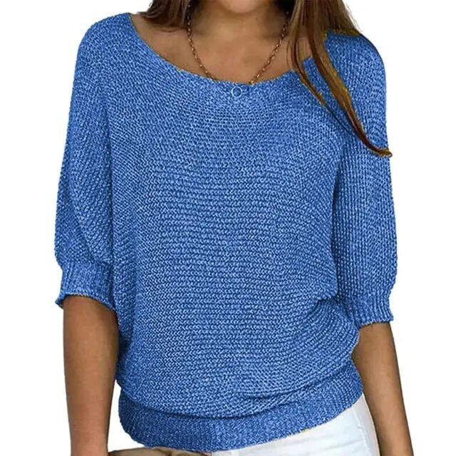Lightweight Relaxed Women’s Knit Sweater - Batwing, Cotton Blue - Tophatter Daily Deals