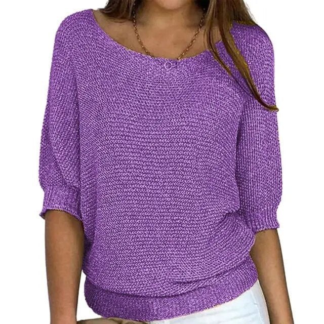Lightweight Relaxed Women’s Knit Sweater - Batwing, Cotton Purple - Tophatter Daily Deals