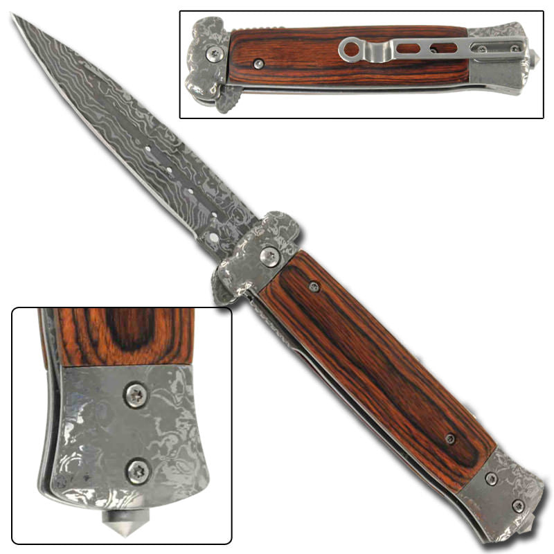 Stiletto Style Spring Assisted Knife - Damascus Glass Breaker - TOPHATTER'S ARMORY DEALS Collectible Weapons - Tophatter Daily Deals