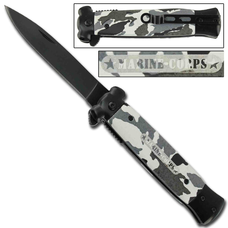 Stiletto Style Spring Assisted Knife Marine Arctic Camo Collectible Weapons - Tophatter Daily Deals
