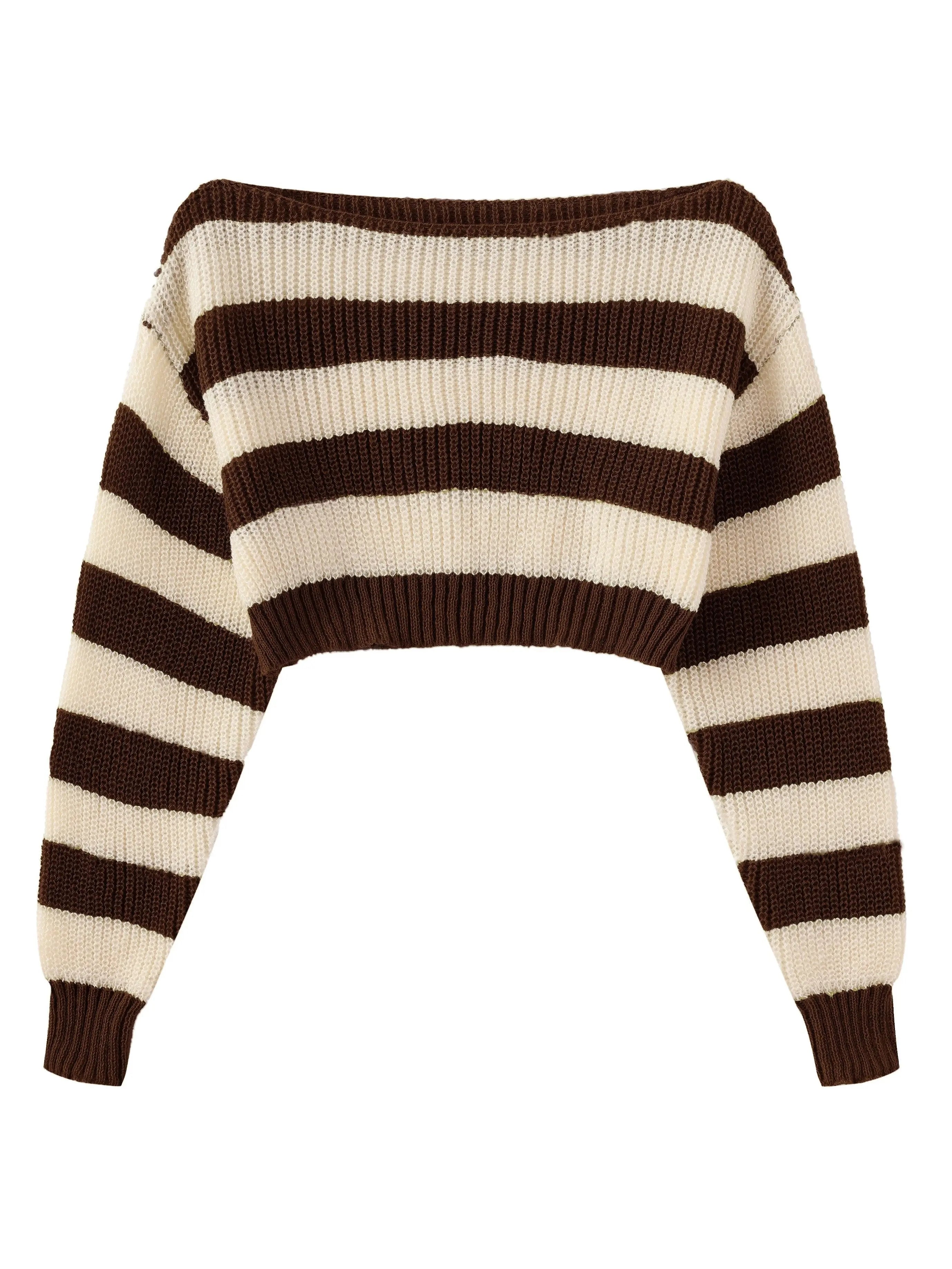 Stripe Print Boat Neck Sweater, Y2K Long Sleeve Crop Sweater For Spring & Fall, Women's Clothing - Tophatter Daily Deals