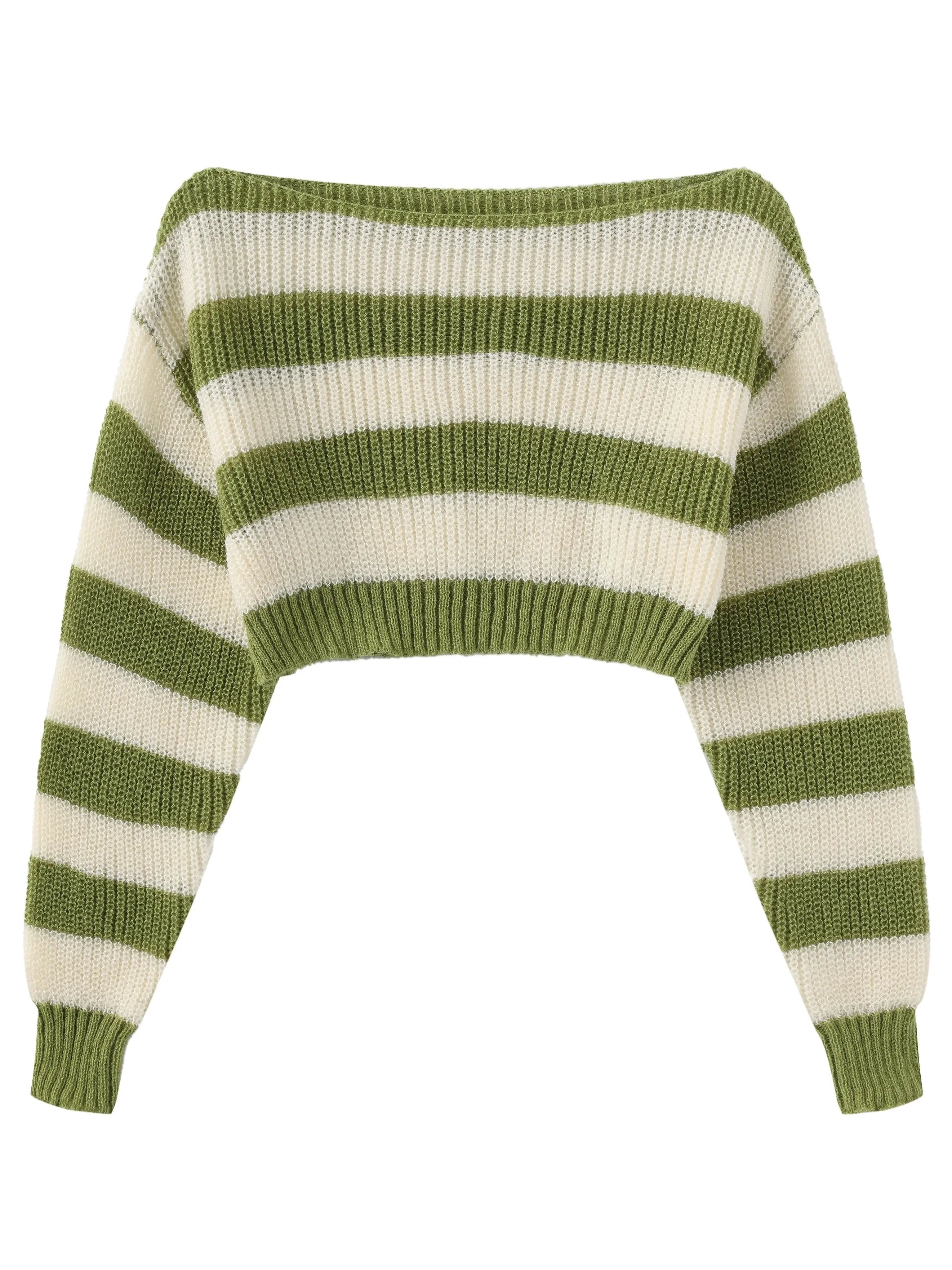 Stripe Print Boat Neck Sweater, Y2K Long Sleeve Crop Sweater For Spring & Fall, Women's Clothing - Tophatter Daily Deals