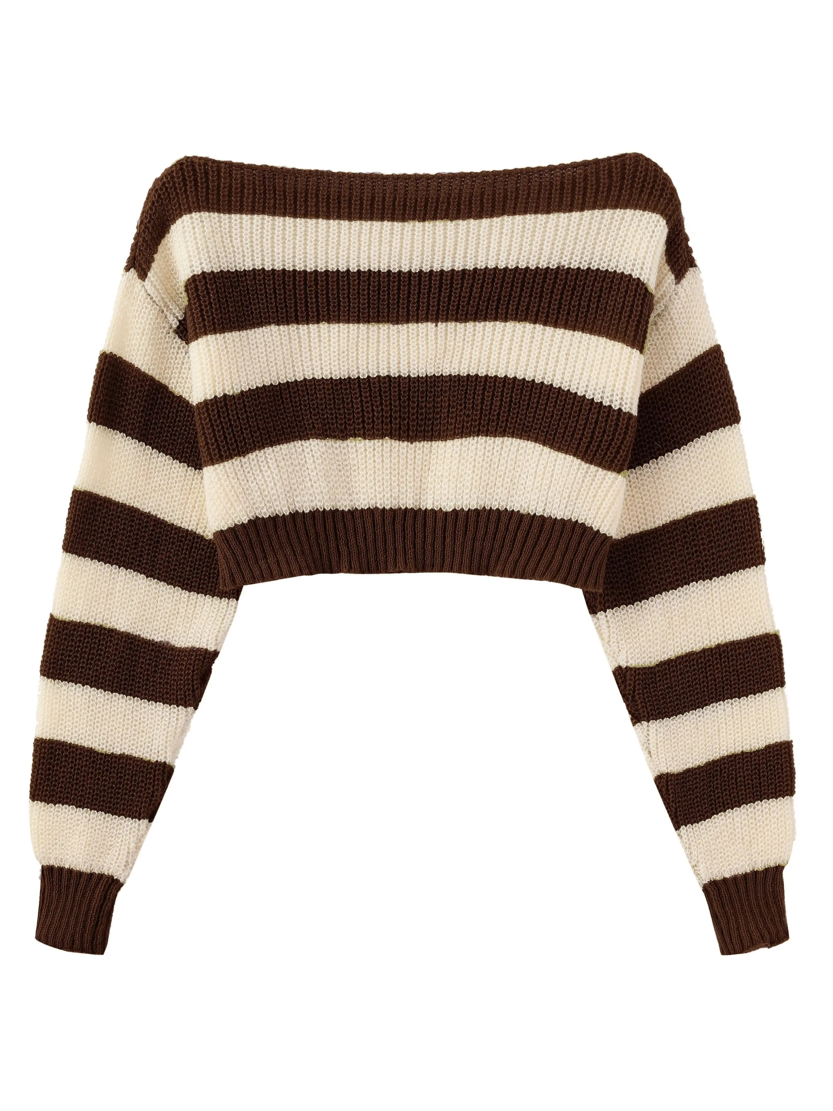 Stripe Print Boat Neck Sweater, Y2K Long Sleeve Crop Sweater For Spring & Fall, Women's Clothing - Tophatter Daily Deals