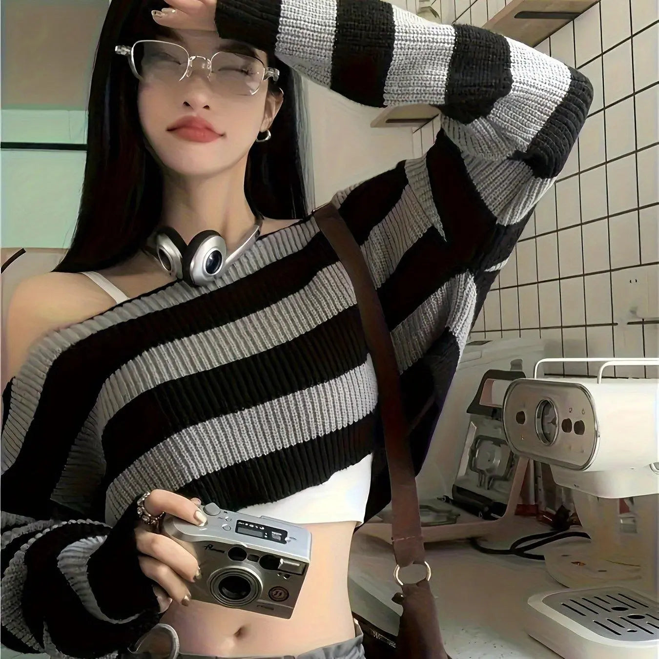 Stripe Print Boat Neck Sweater, Y2K Long Sleeve Crop Sweater For Spring & Fall, Women's Clothing - Tophatter Daily Deals