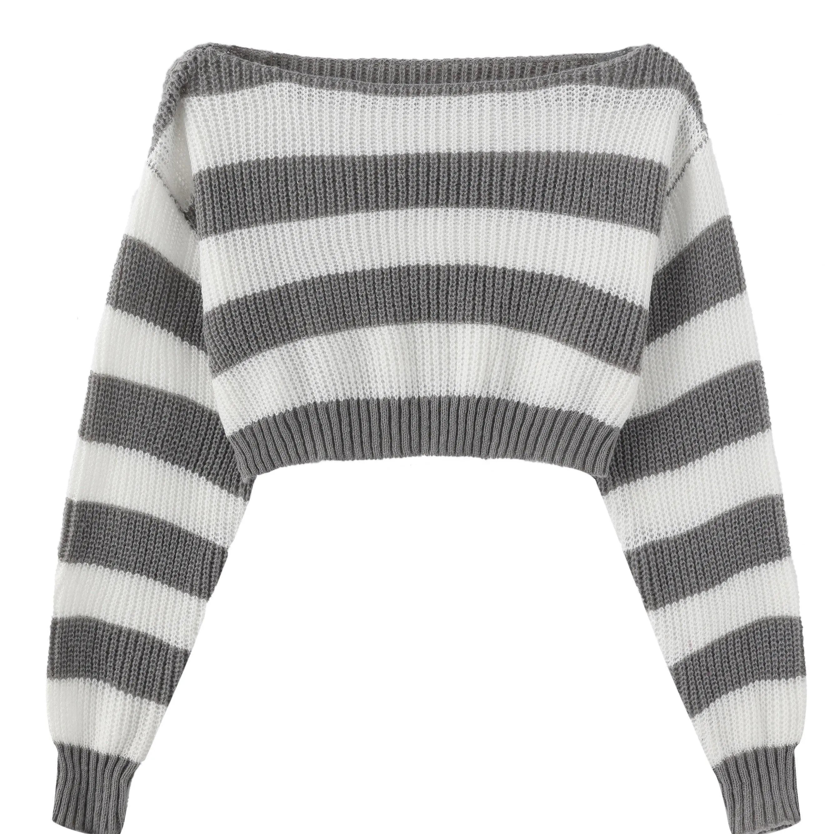 Stripe Print Boat Neck Sweater, Y2K Long Sleeve Crop Sweater For Spring & Fall, Women's Clothing Space Gray XS - Tophatter Daily Deals