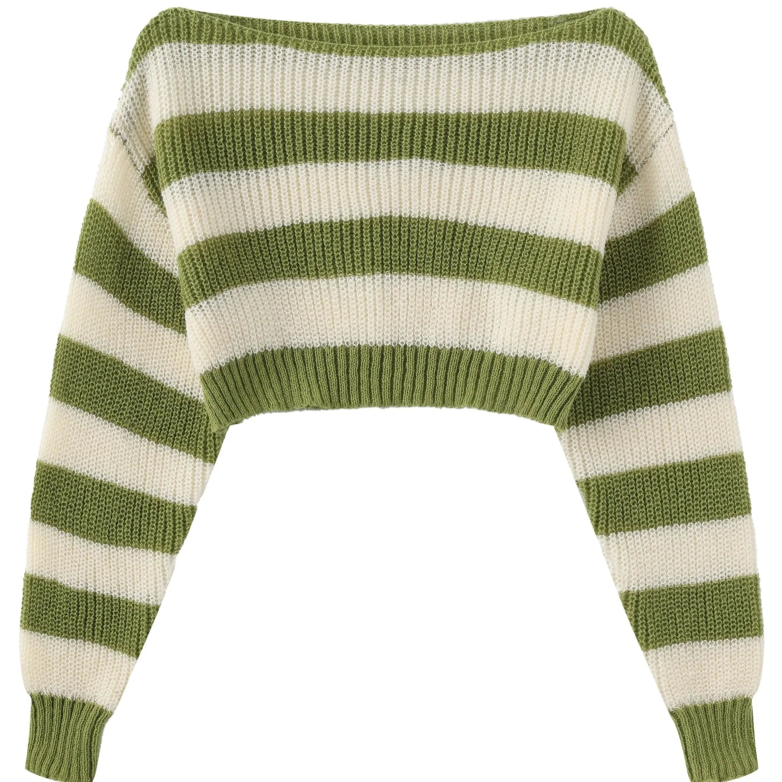 Stripe Print Boat Neck Sweater, Y2K Long Sleeve Crop Sweater For Spring & Fall, Women's Clothing - Tophatter Daily Deals