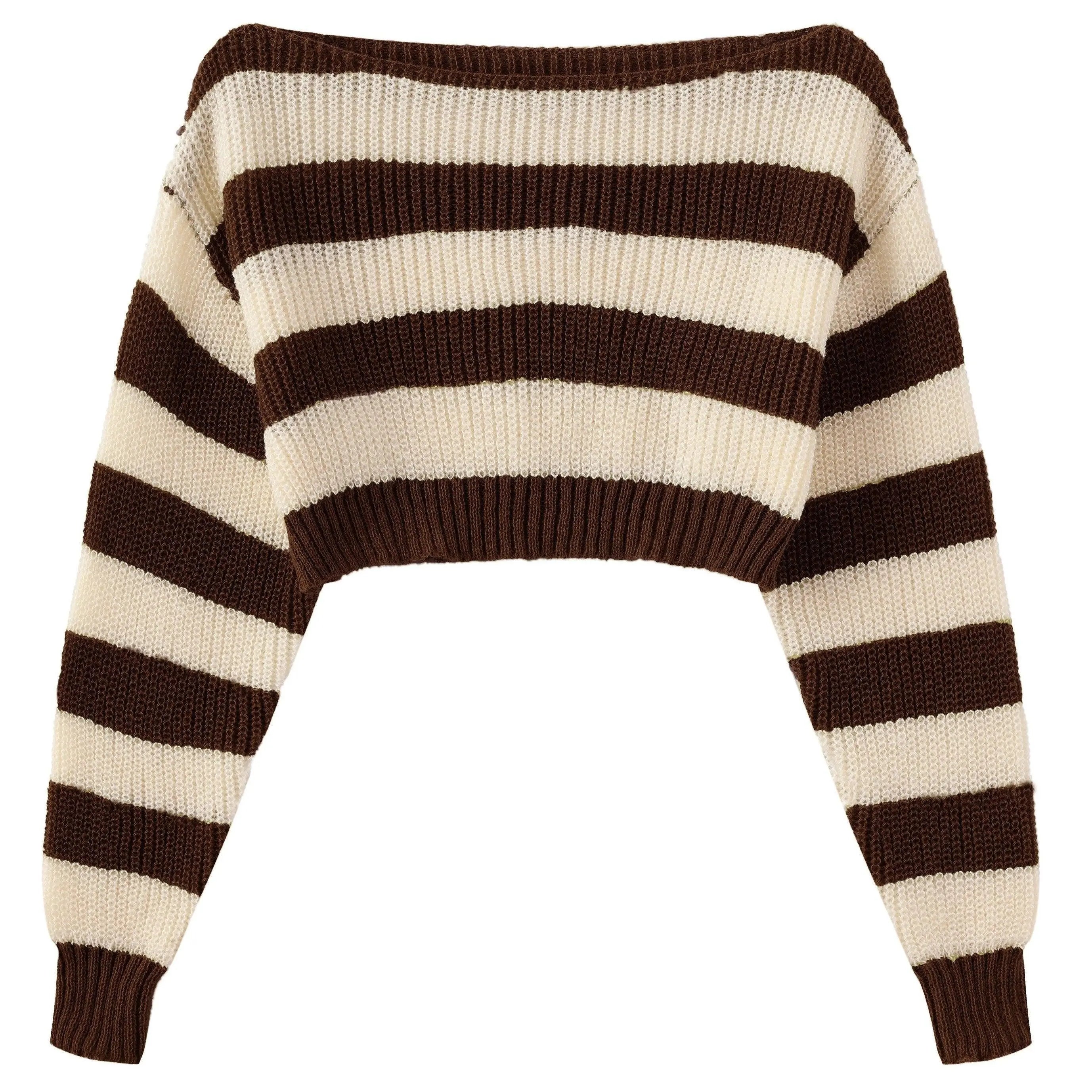 Stripe Print Boat Neck Sweater, Y2K Long Sleeve Crop Sweater For Spring & Fall, Women's Clothing - Tophatter Daily Deals