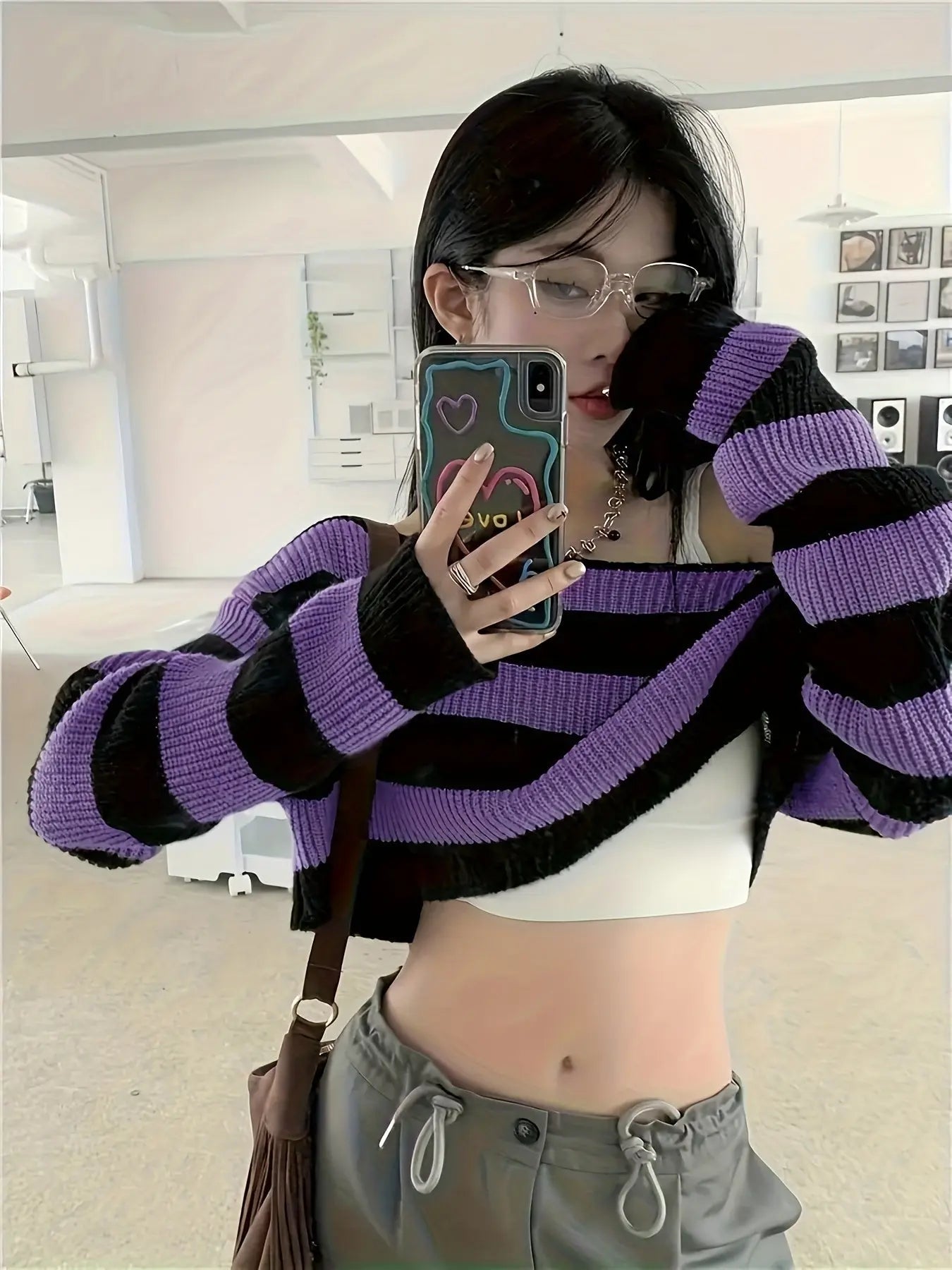 Stripe Print Boat Neck Sweater, Y2K Long Sleeve Crop Sweater For Spring & Fall, Women's Clothing - Tophatter Daily Deals