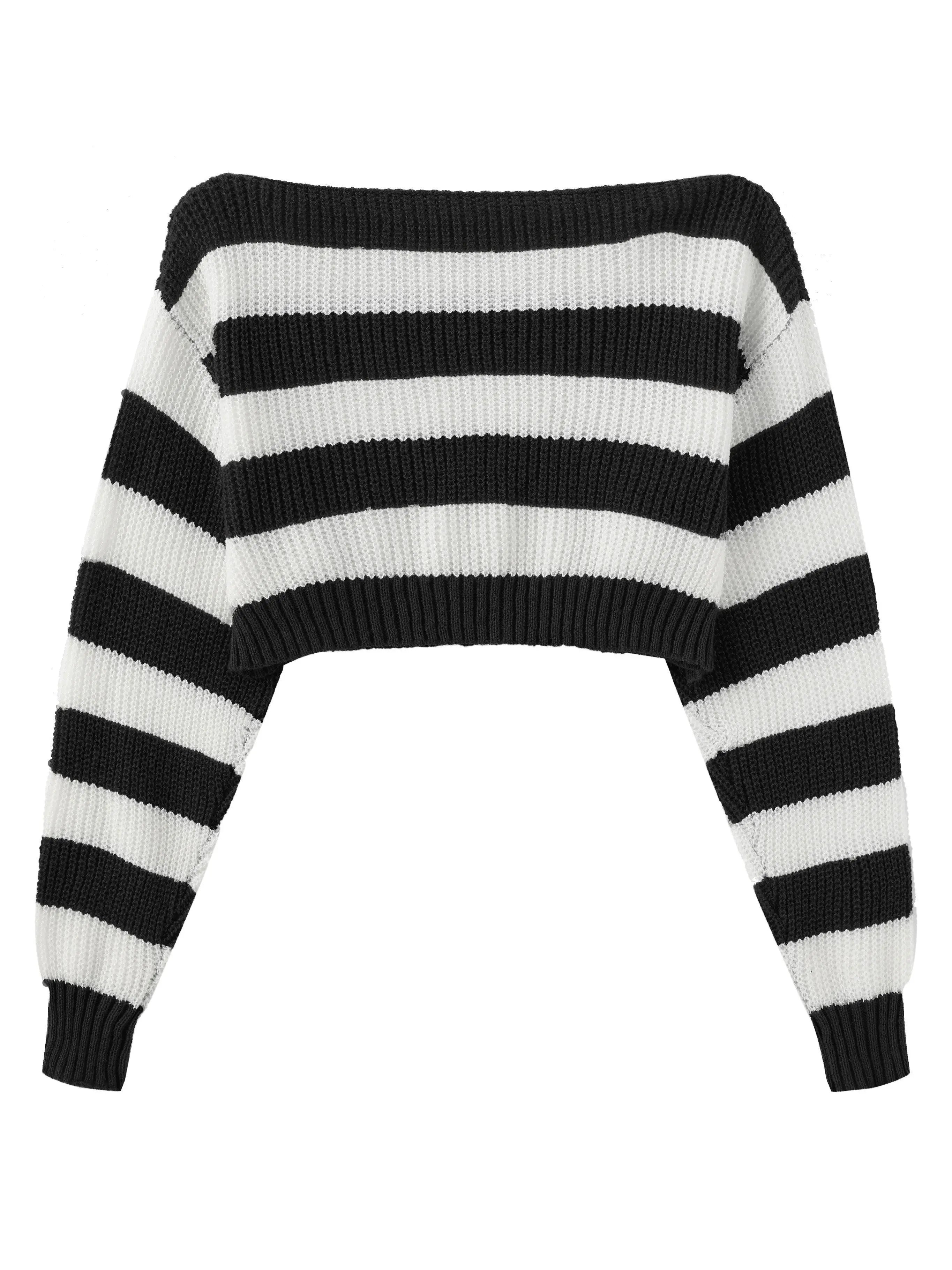 Stripe Print Boat Neck Sweater, Y2K Long Sleeve Crop Sweater For Spring & Fall, Women's Clothing - Tophatter Daily Deals
