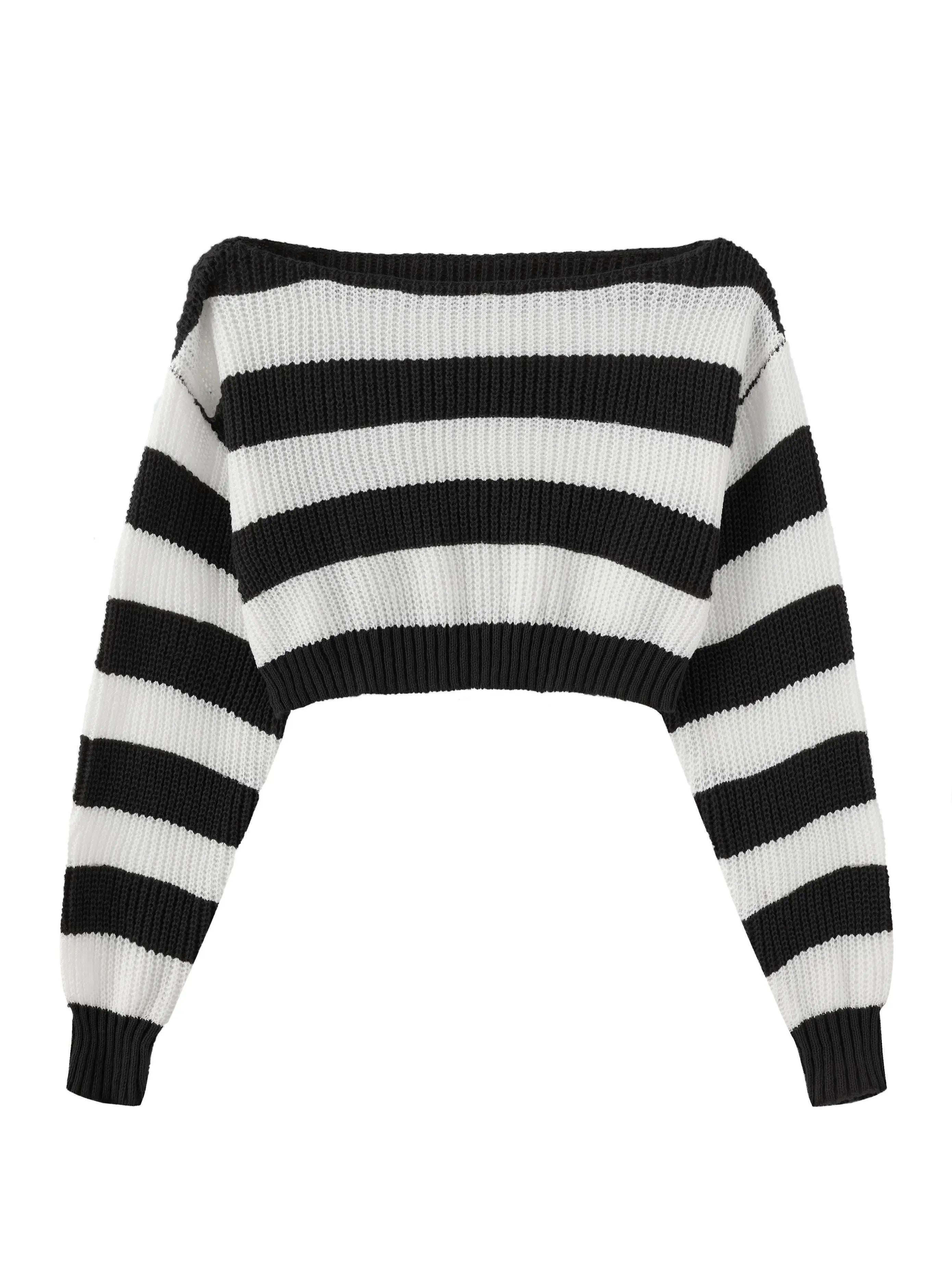 Stripe Print Boat Neck Sweater, Y2K Long Sleeve Crop Sweater For Spring & Fall, Women's Clothing - Tophatter Daily Deals