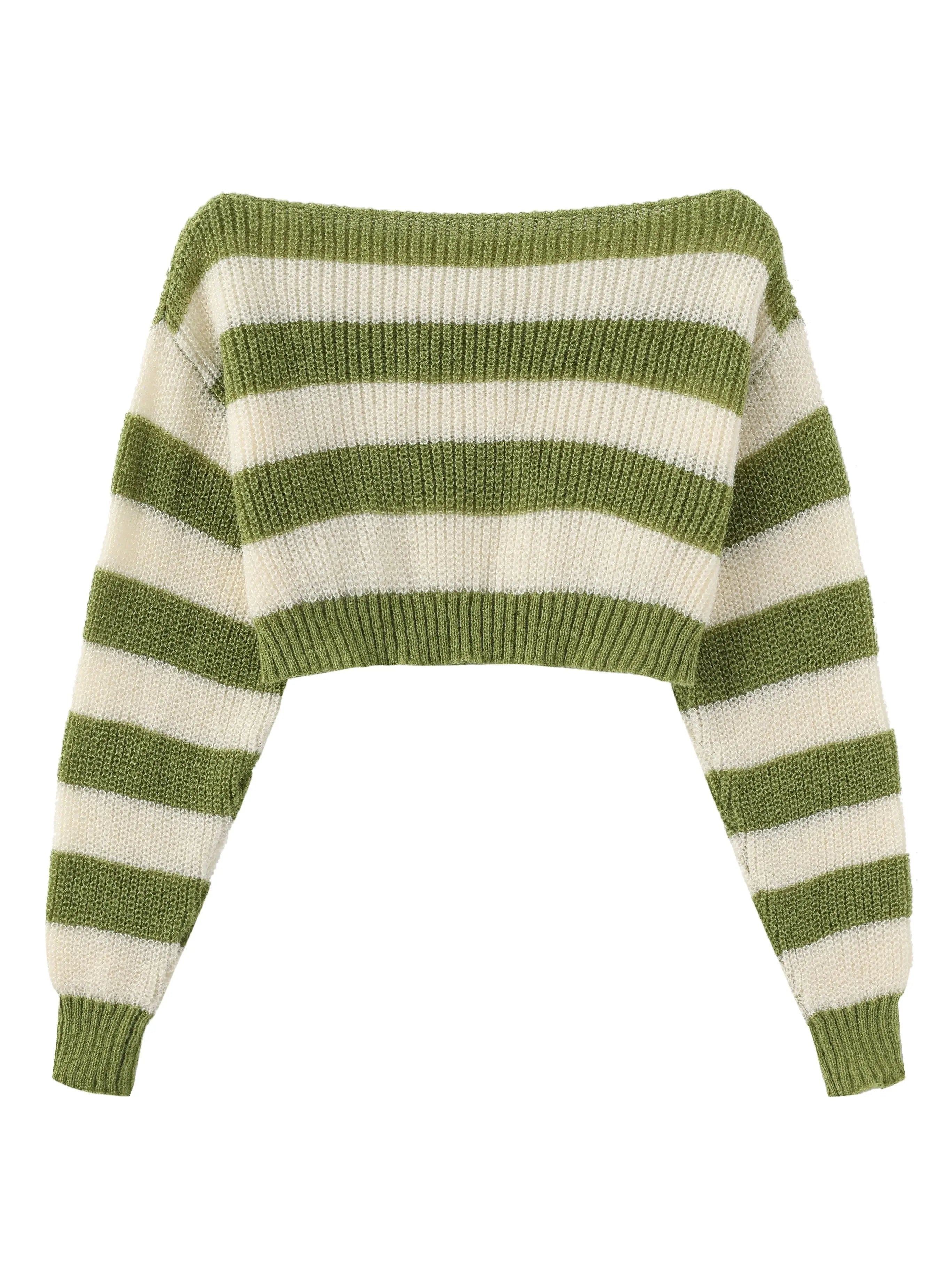 Stripe Print Boat Neck Sweater, Y2K Long Sleeve Crop Sweater For Spring & Fall, Women's Clothing - Tophatter Daily Deals