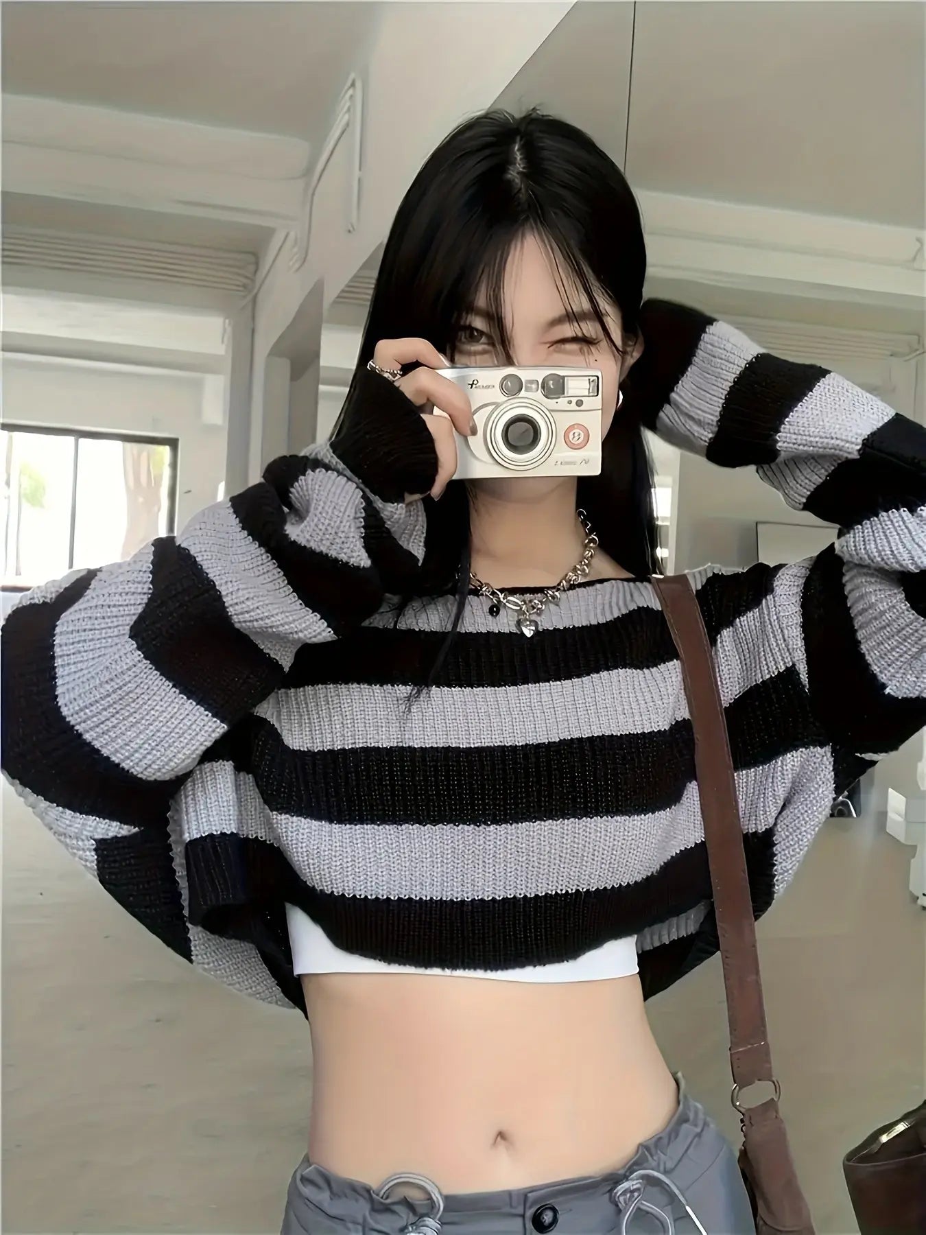 Stripe Print Boat Neck Sweater, Y2K Long Sleeve Crop Sweater For Spring & Fall, Women's Clothing - Tophatter Daily Deals