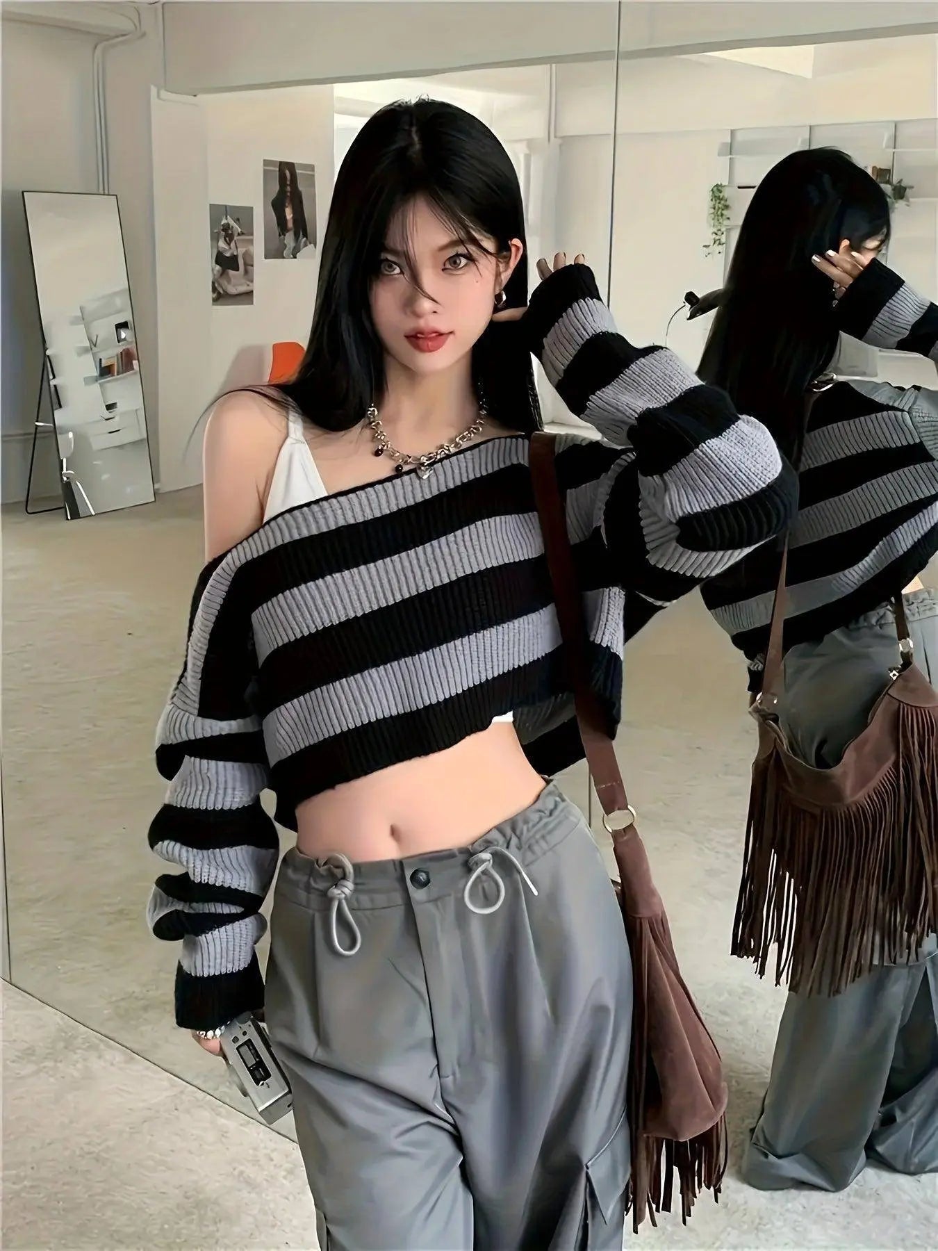 Stripe Print Boat Neck Sweater, Y2K Long Sleeve Crop Sweater For Spring & Fall, Women's Clothing - Tophatter Daily Deals