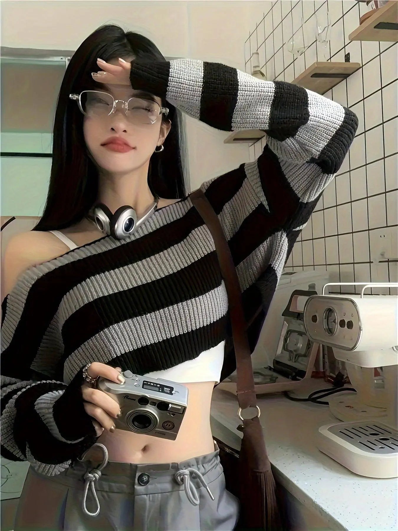 Stripe Print Boat Neck Sweater, Y2K Long Sleeve Crop Sweater For Spring & Fall, Women's Clothing - Tophatter Daily Deals