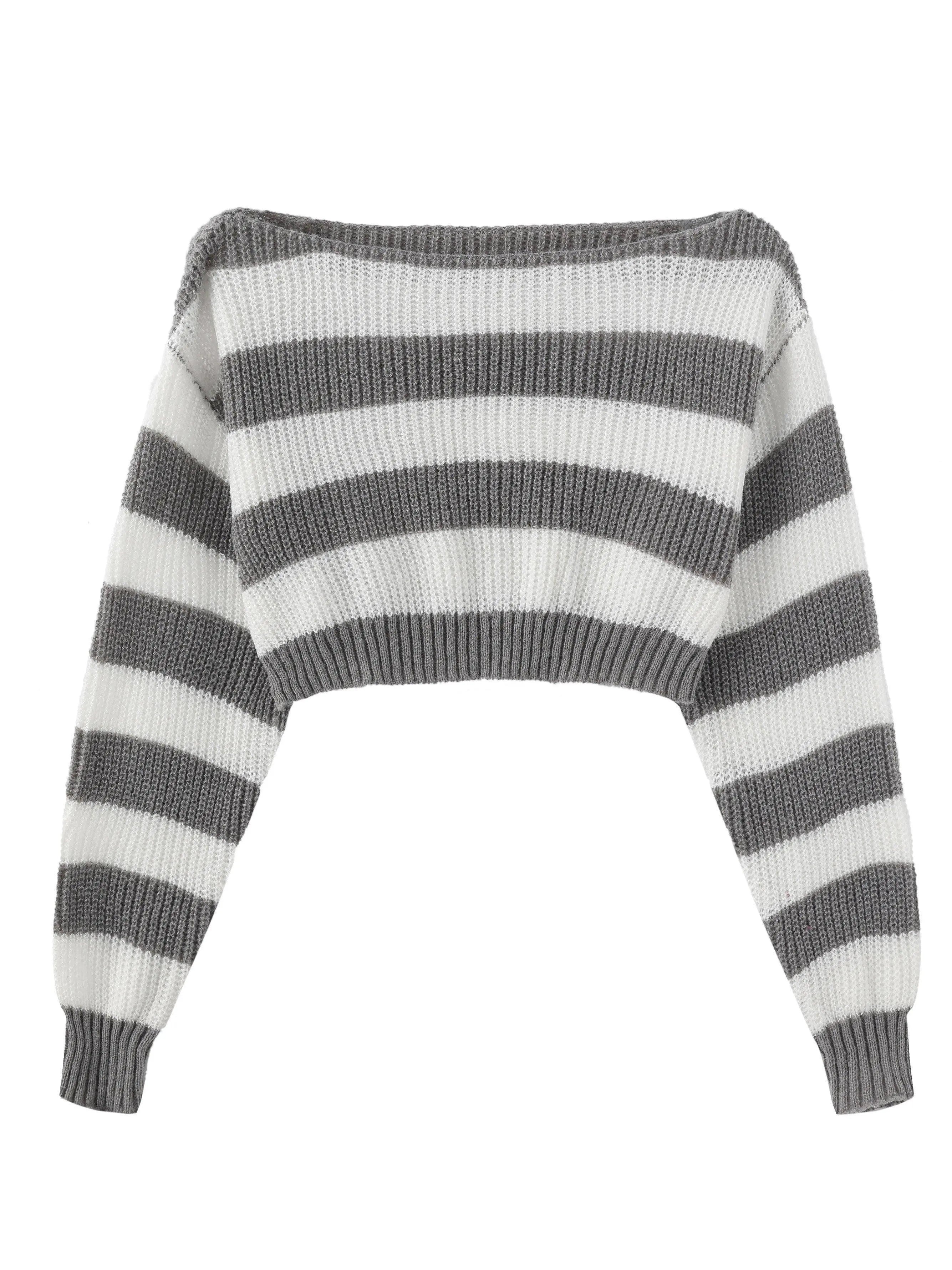 Stripe Print Boat Neck Sweater, Y2K Long Sleeve Crop Sweater For Spring & Fall, Women's Clothing - Tophatter Daily Deals