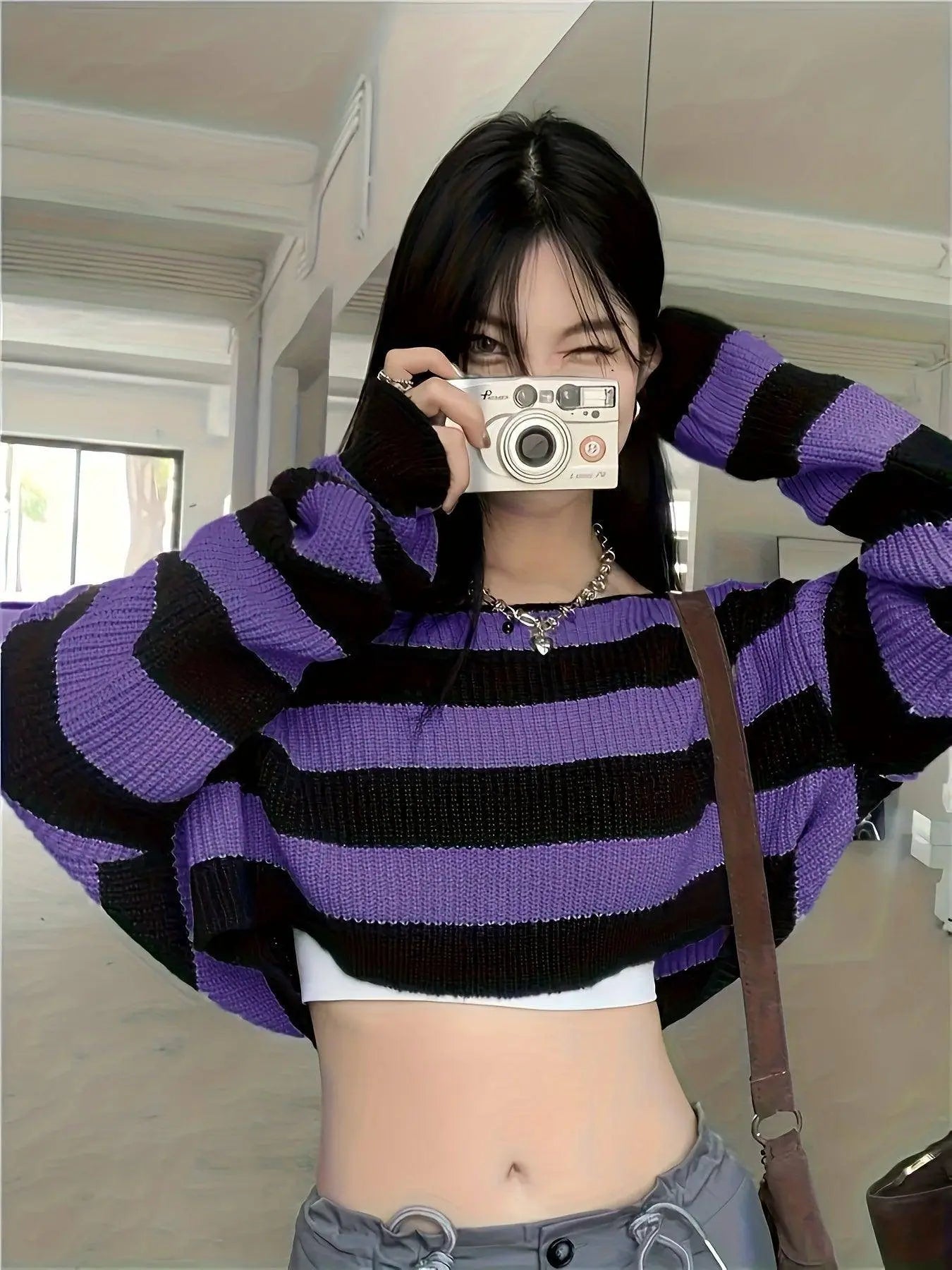 Stripe Print Boat Neck Sweater, Y2K Long Sleeve Crop Sweater For Spring & Fall, Women's Clothing - Tophatter Daily Deals