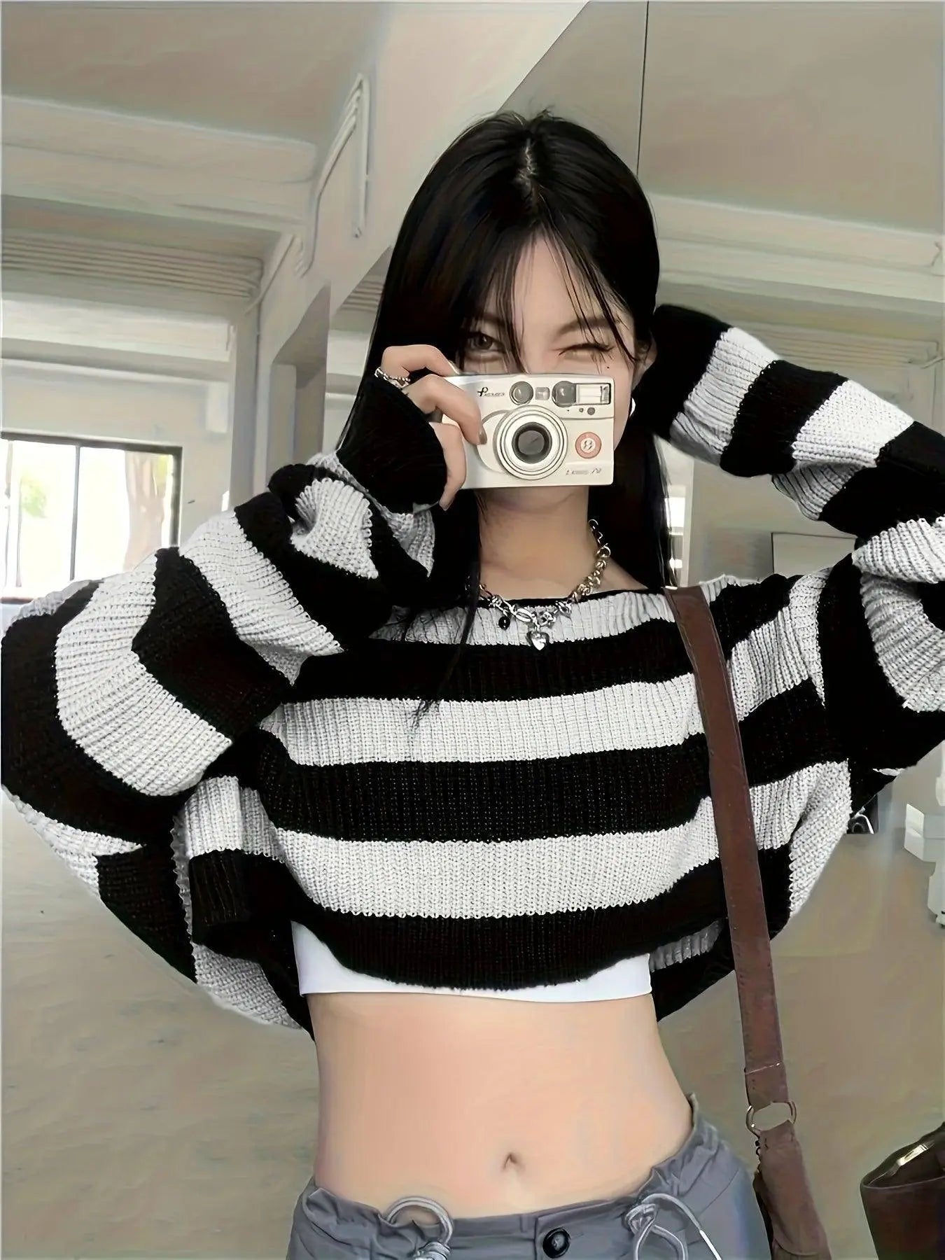 Stripe Print Boat Neck Sweater, Y2K Long Sleeve Crop Sweater For Spring & Fall, Women's Clothing - Tophatter Daily Deals