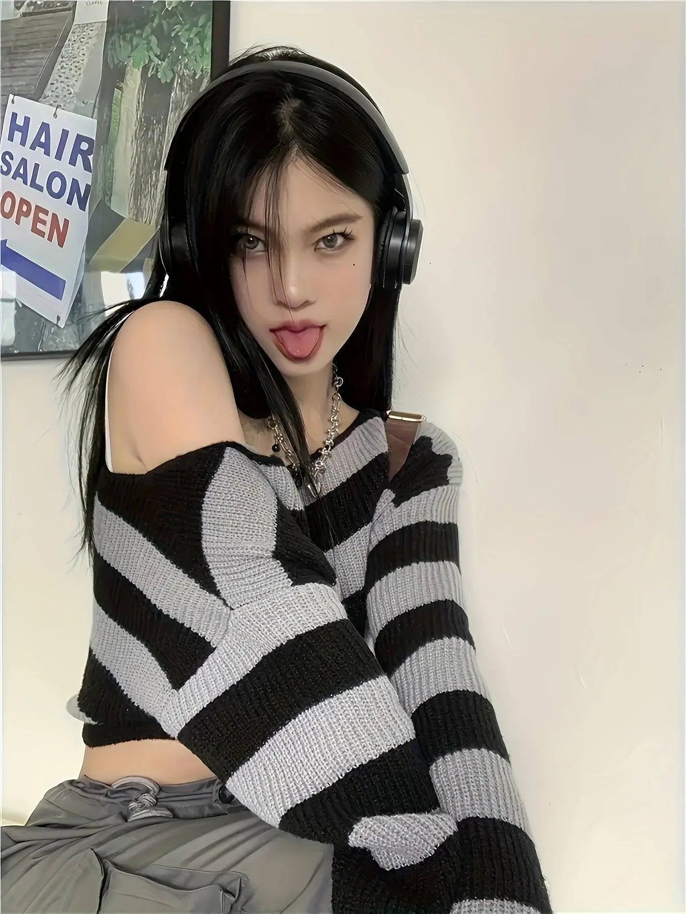 Stripe Print Boat Neck Sweater, Y2K Long Sleeve Crop Sweater For Spring & Fall, Women's Clothing - Tophatter Daily Deals