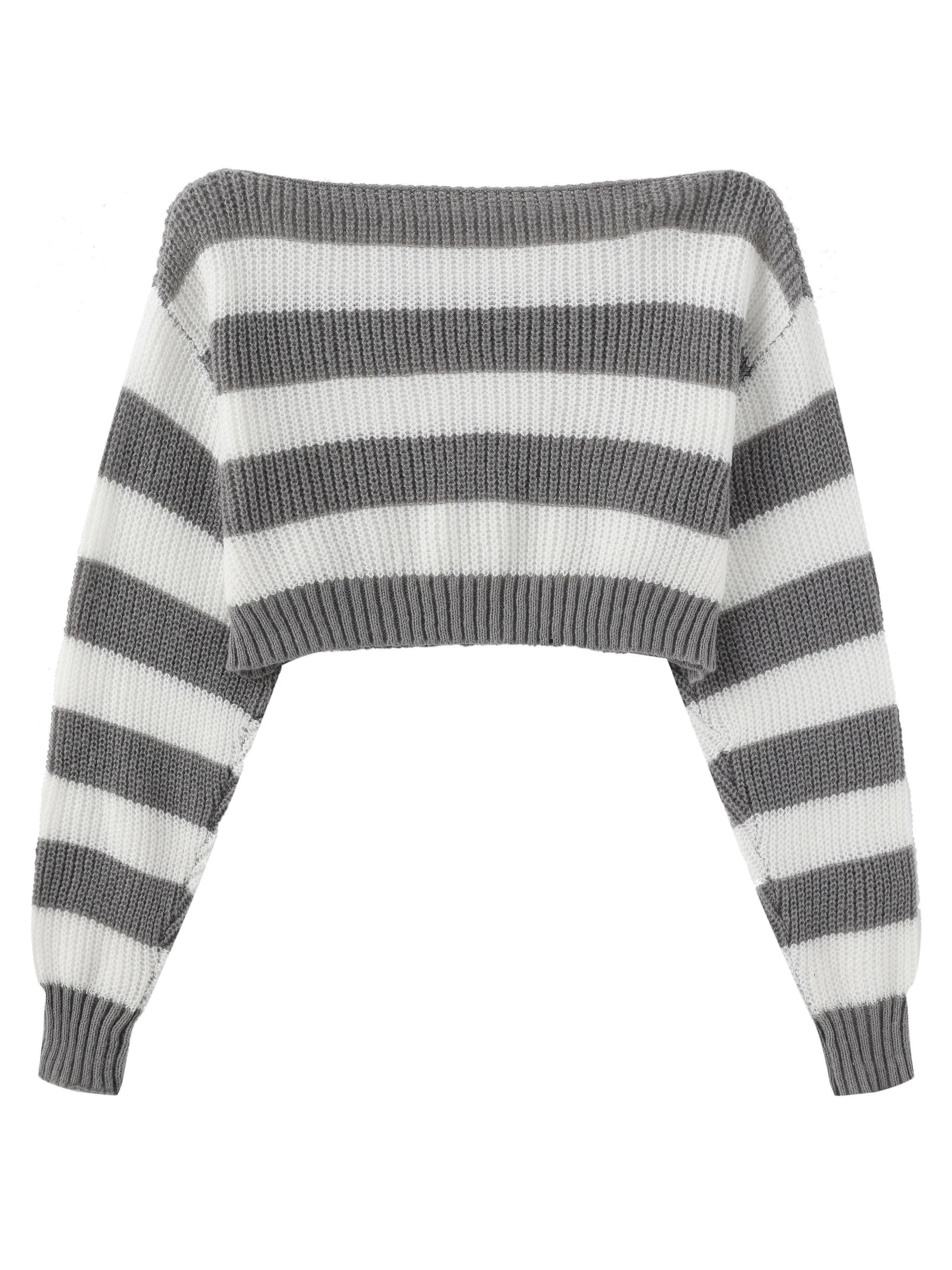 Stripe Print Boat Neck Sweater, Y2K Long Sleeve Crop Sweater For Spring & Fall, Women's Clothing - Tophatter Daily Deals