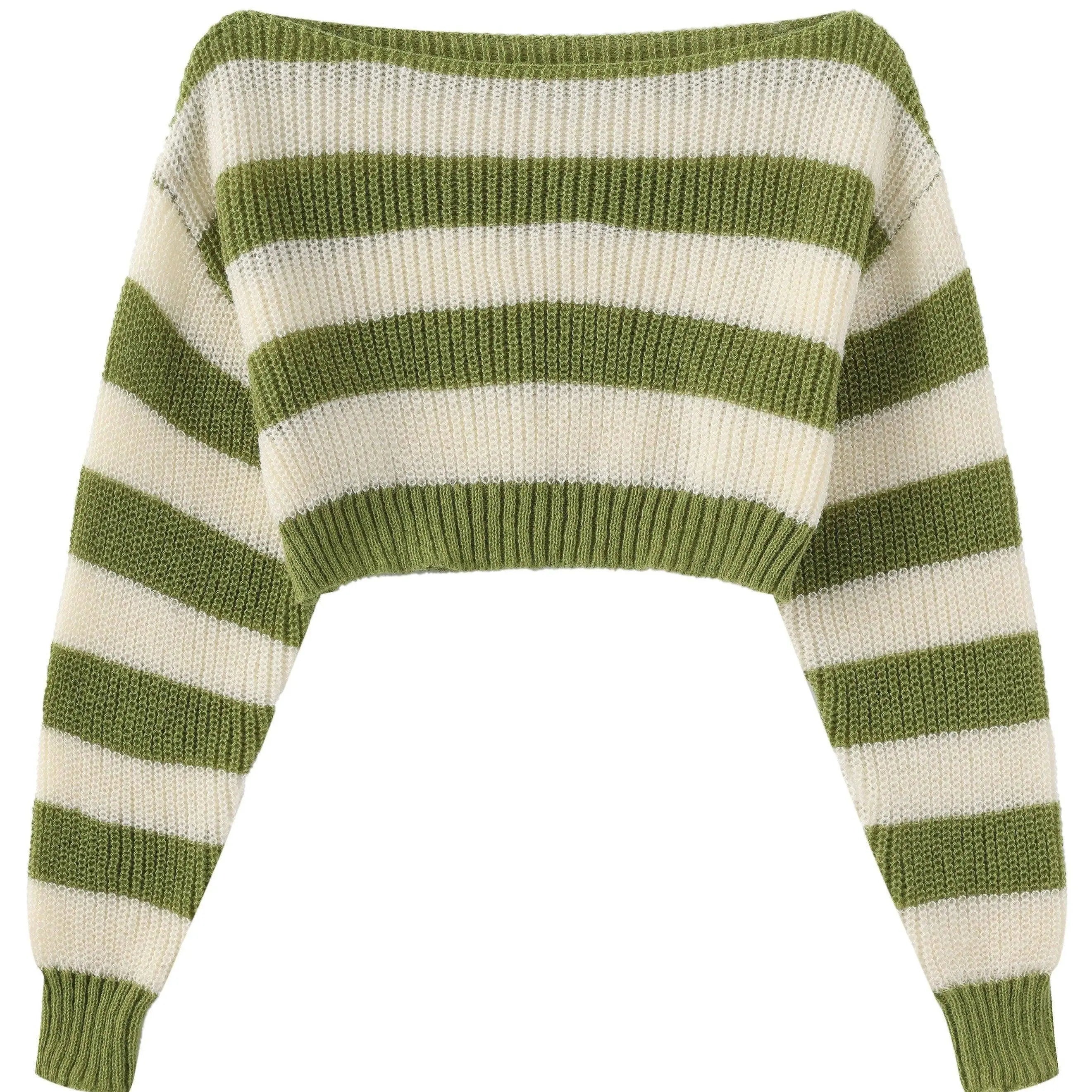 Stripe Print Boat Neck Sweater, Y2K Long Sleeve Crop Sweater For Spring & Fall, Women's Clothing Matcha Color XS - Tophatter Daily Deals