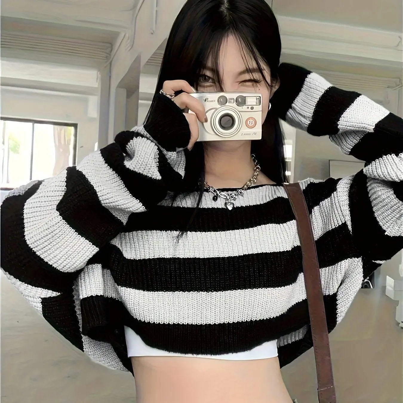 Stripe Print Boat Neck Sweater, Y2K Long Sleeve Crop Sweater For Spring & Fall, Women's Clothing White - Tophatter Daily Deals
