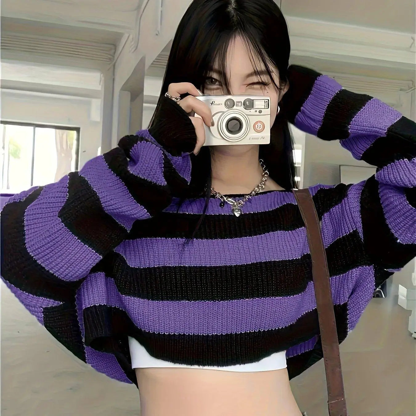 Stripe Print Boat Neck Sweater, Y2K Long Sleeve Crop Sweater For Spring & Fall, Women's Clothing Purple - Tophatter Daily Deals