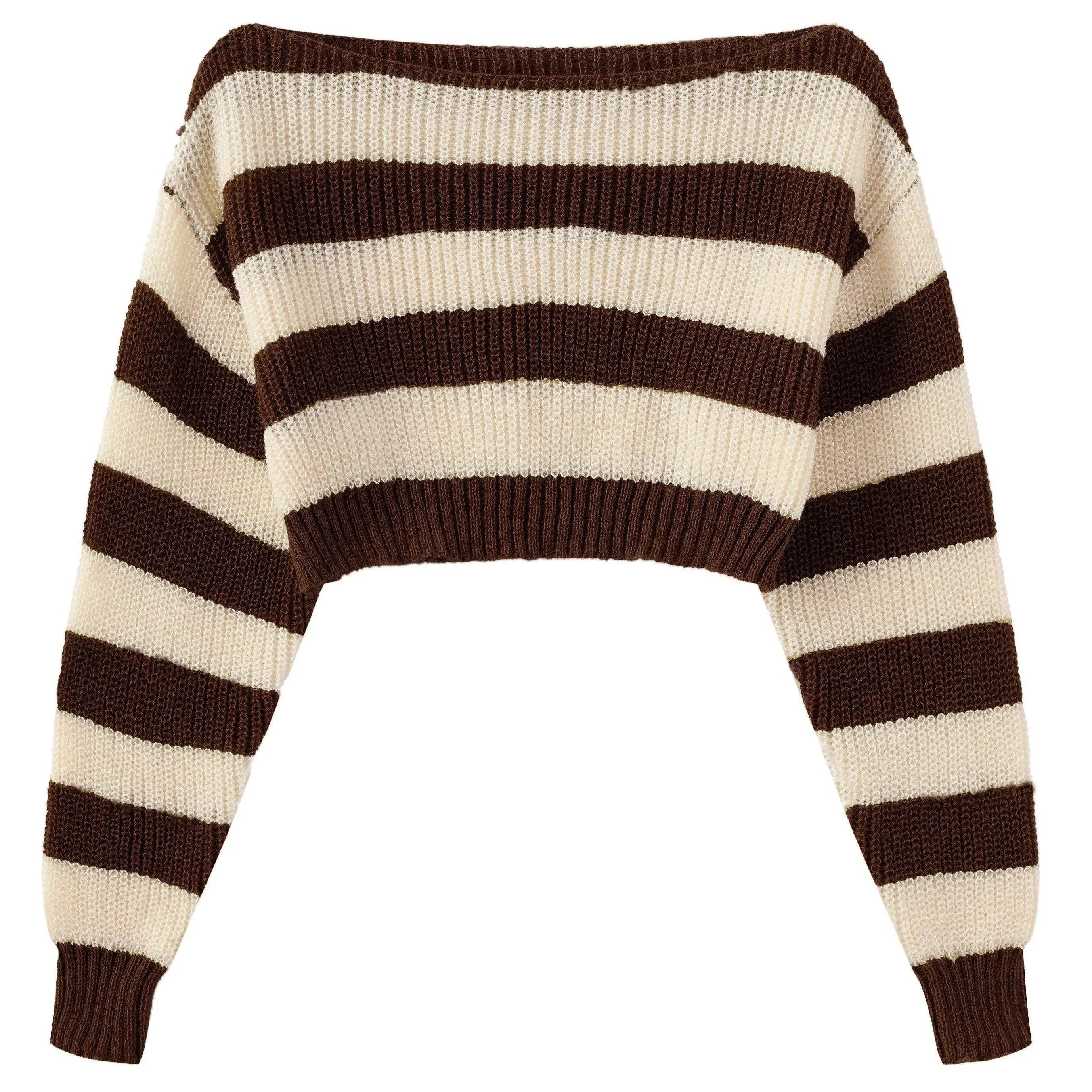 Stripe Print Boat Neck Sweater, Y2K Long Sleeve Crop Sweater For Spring & Fall, Women's Clothing Coffee color - Tophatter Daily Deals