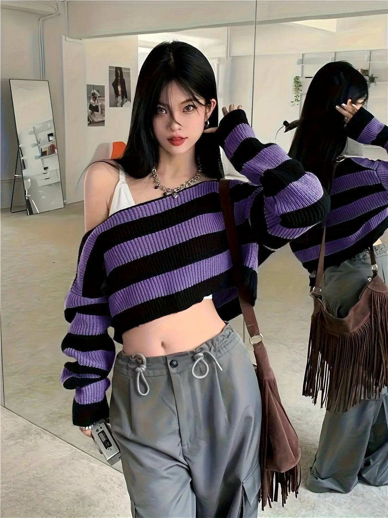 Stripe Print Boat Neck Sweater, Y2K Long Sleeve Crop Sweater For Spring & Fall, Women's Clothing - Tophatter Daily Deals