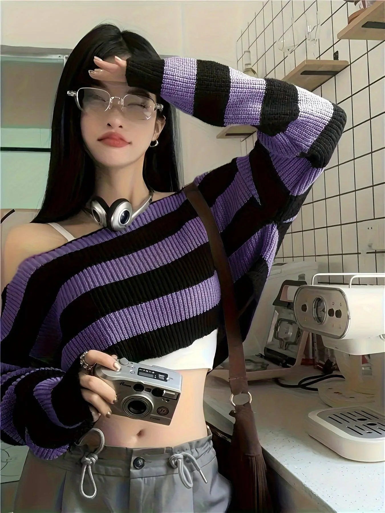 Stripe Print Boat Neck Sweater, Y2K Long Sleeve Crop Sweater For Spring & Fall, Women's Clothing - Tophatter Daily Deals