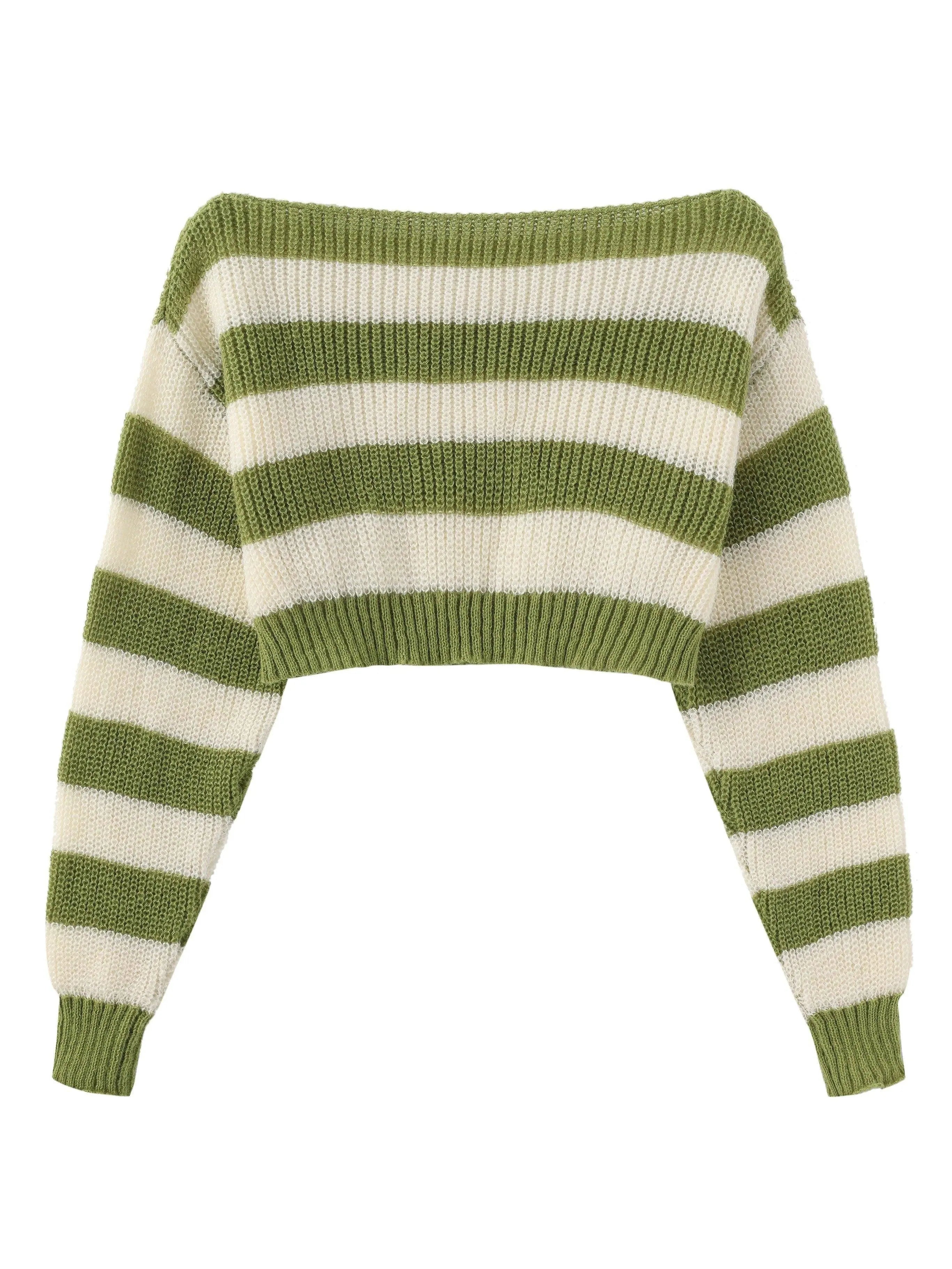 Stripe Print Boat Neck Sweater, Y2K Long Sleeve Crop Sweater For Spring & Fall, Women's Clothing - Tophatter Daily Deals