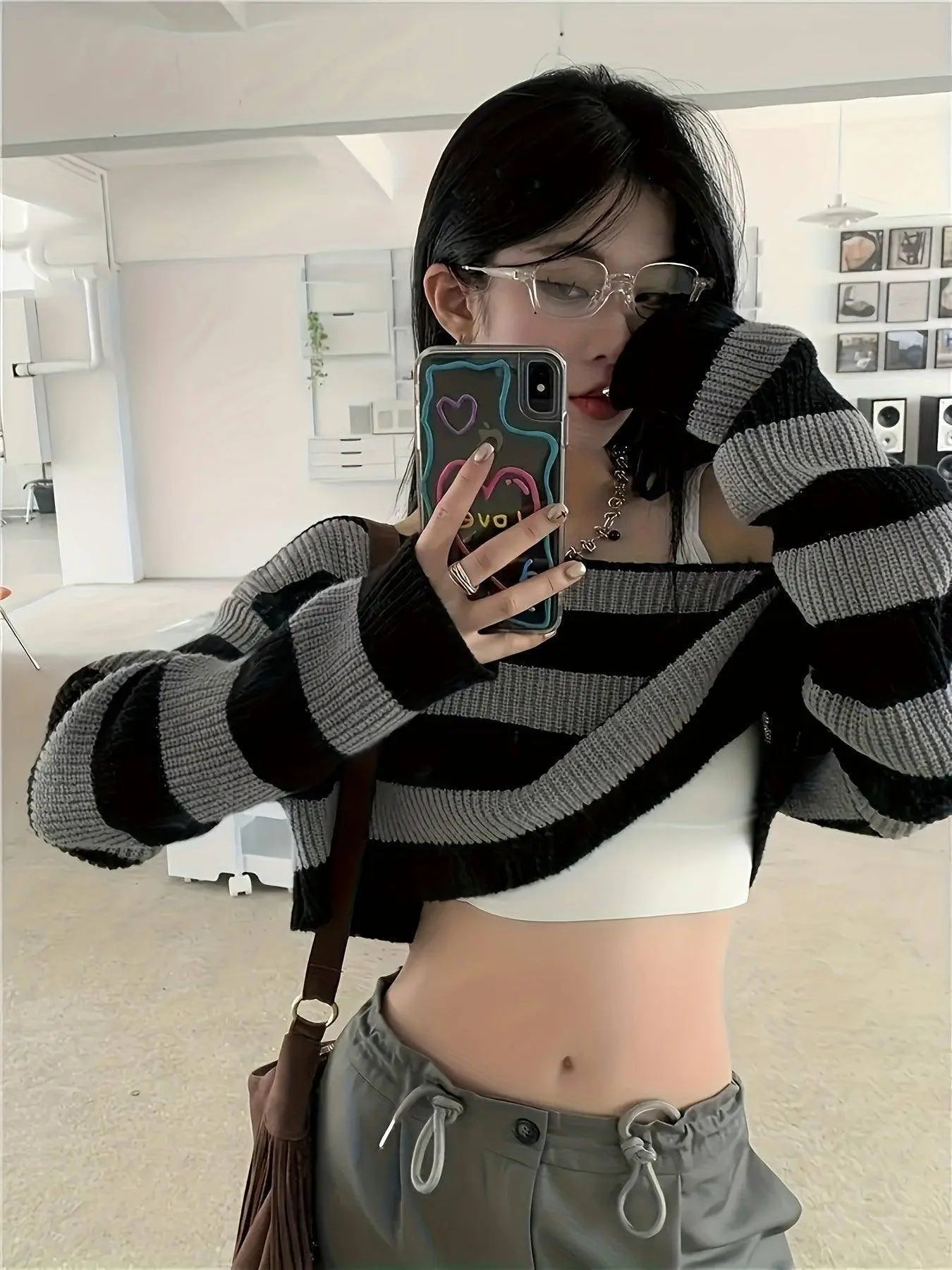 Stripe Print Boat Neck Sweater, Y2K Long Sleeve Crop Sweater For Spring & Fall, Women's Clothing - Tophatter Daily Deals