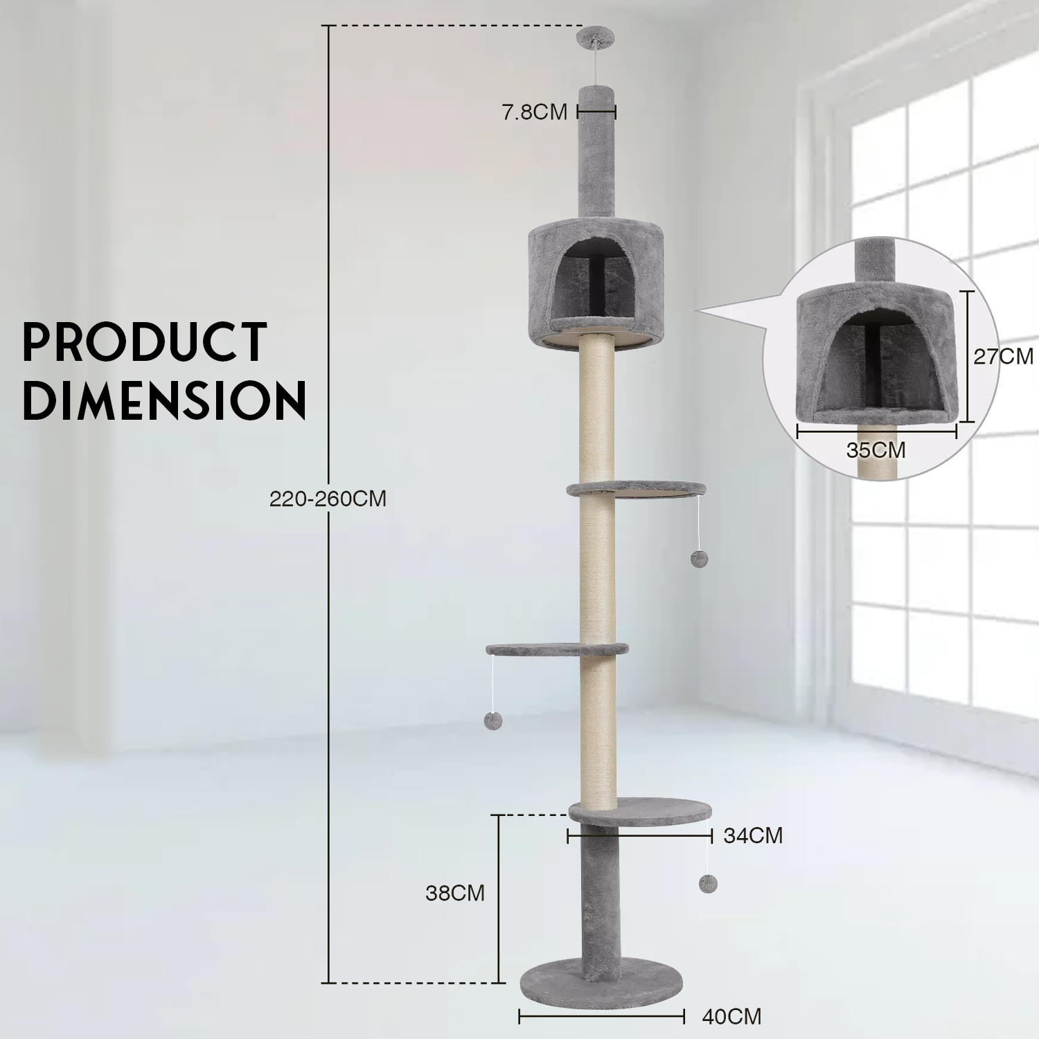 Floor To Ceiling Cat Tree – 220-260cm 4-Tier Climbing Tower Tall Scratching Post for Cats pet - Tophatter Daily Deals